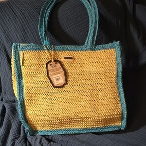 Vibrant Tan and Blue Structured Tote Bag,NWT